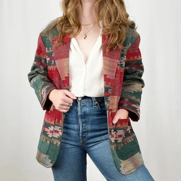 Stunning Vintage Oversized Western Bohemian Blazer Jacket Coat Boho Aztec Tribal - Picture 4 of 9